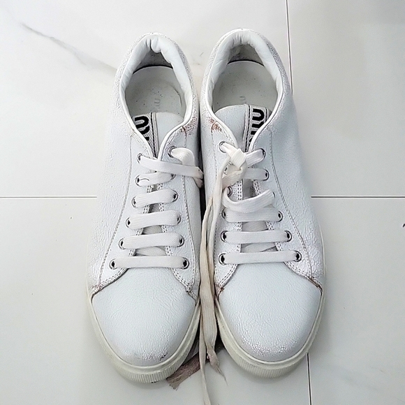 Authentic Miu Miu Preowned Cracle Distressed Leather Sneakers - Picture 1 of 7